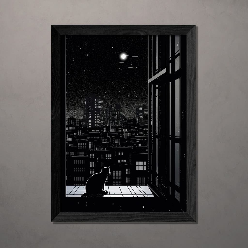 Quadro Decorativo Cat Night Moon Gato A4 Com Vidro