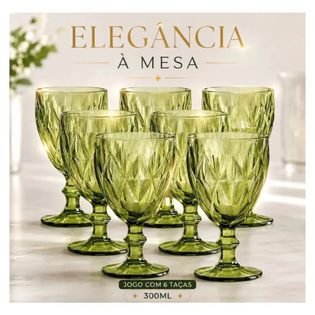 Jogo 6 Taças de Vidro Verde Diamond para Vinho e Água 330ml