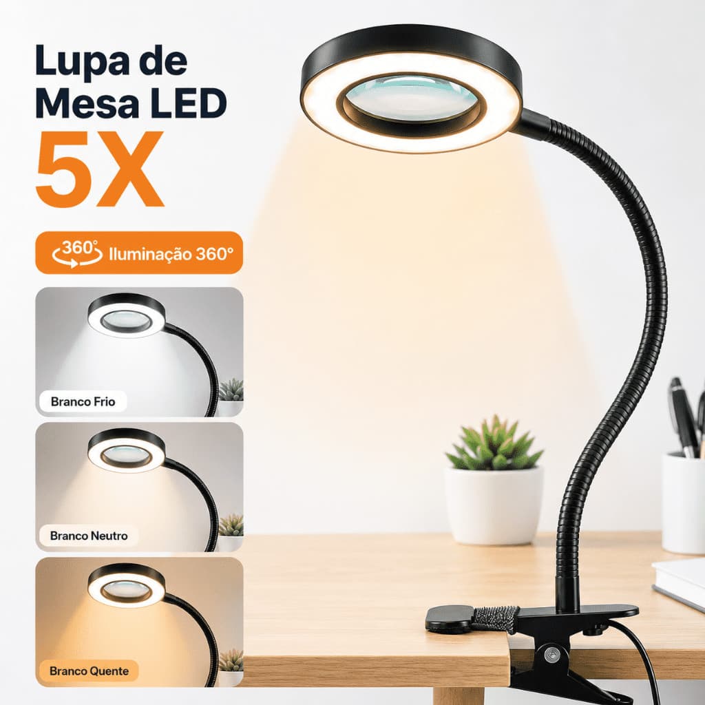 Lupa de Mesa LED 5X com Iluminação 360° Ajustável Luminária com Braço Flexível para Leitura Artesanato Maquiagem Avaliaç