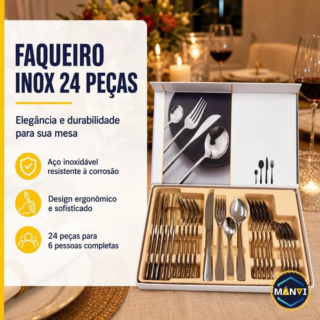Conjunto Faqueiro Inox 24 Peças Jogo Talheres Completo Caixa Elegante Mesa Posta Presente Casamento
