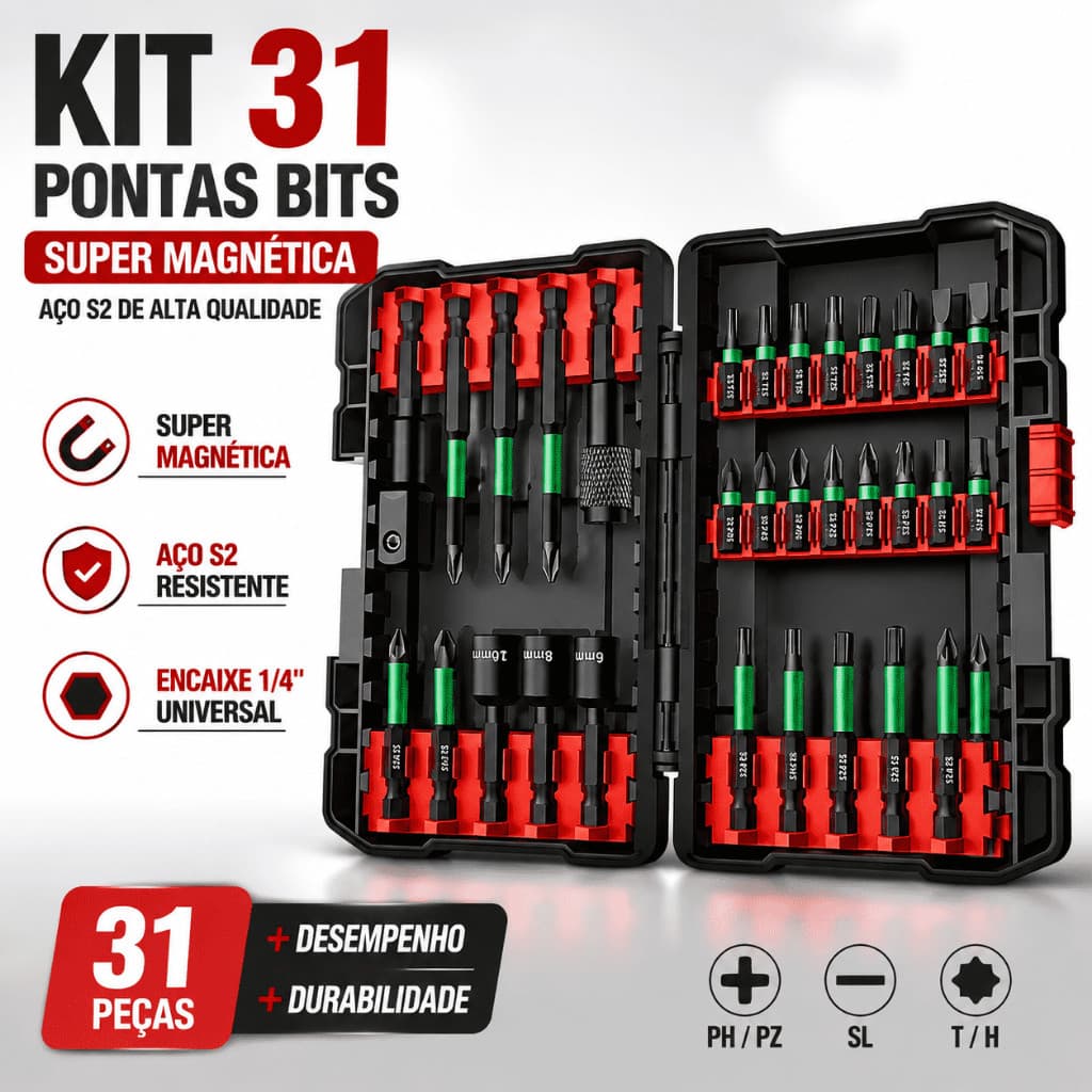 Kit 31 Pontas Bits Super Magnética Ponteira S2 steel Parafusadeira com cupom 4.8 Avaliação da loja - Variação: