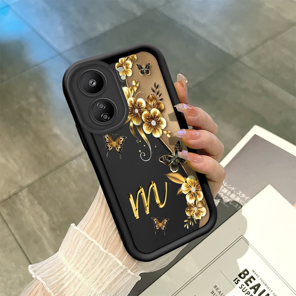 Capinha Estampa Letra Flor Para Xiaomi Redmi 13C Poco C65 Capa Macia Silicone Preta Caso BTY 7493