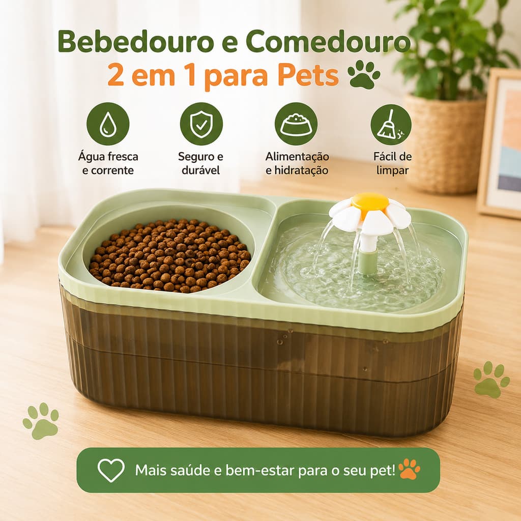 Fonte Bebedouro Automático 3L Para Gatos e Cães Com Comedouro Água Circulante Pet Shop