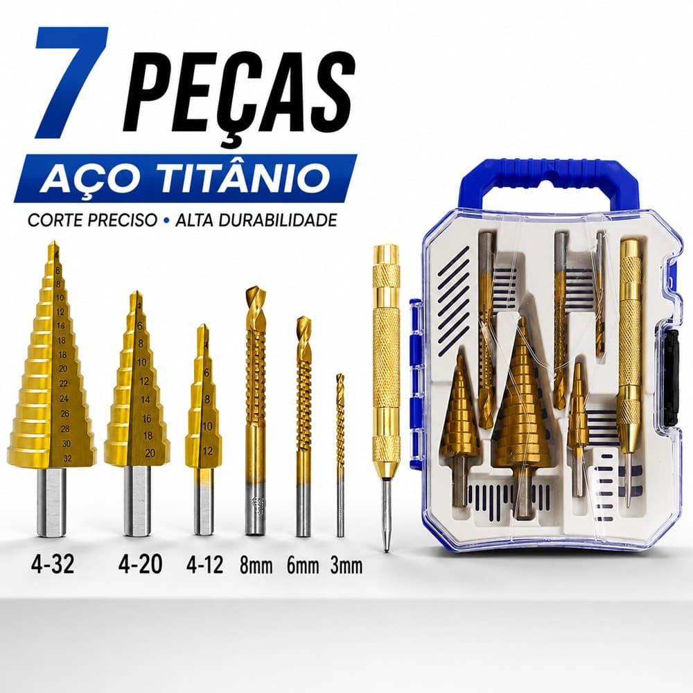 Kit Brocas Titânio HSS 7 Peças Escalonadas 4-32mm Corte Lateral Punção Estojo