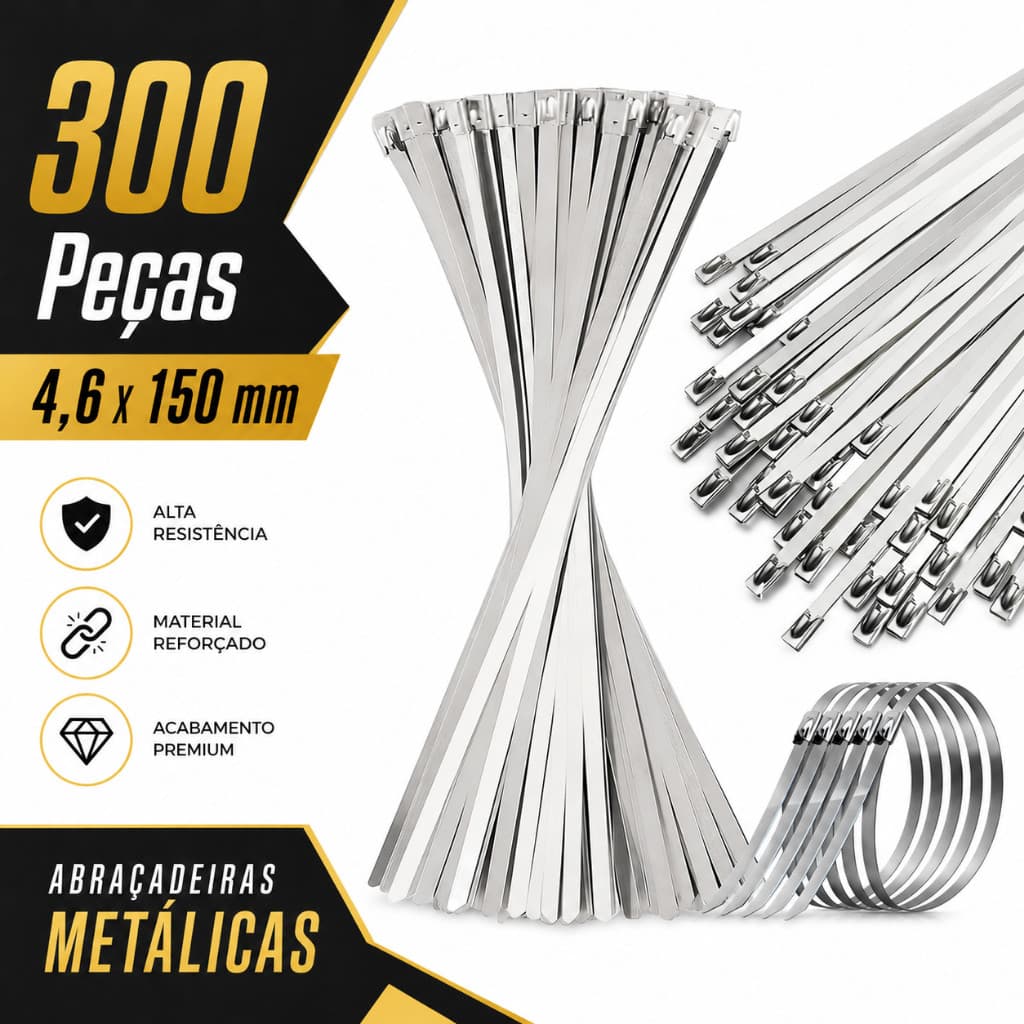300 braçadeiras de Metal reforçadas 4.6x150mm, Material de aço inoxidável 304, anticorrosão, com fechaduras de segurança