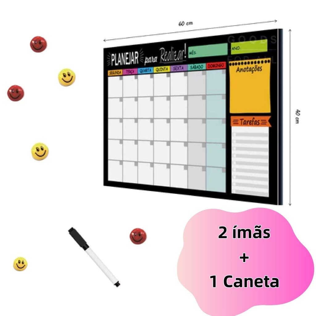 Quadro Planner Lousa de Anotações 40x60cm Planejamento Semanal Colorido + 6 imas e 2 Canetas com Apagador  30×40