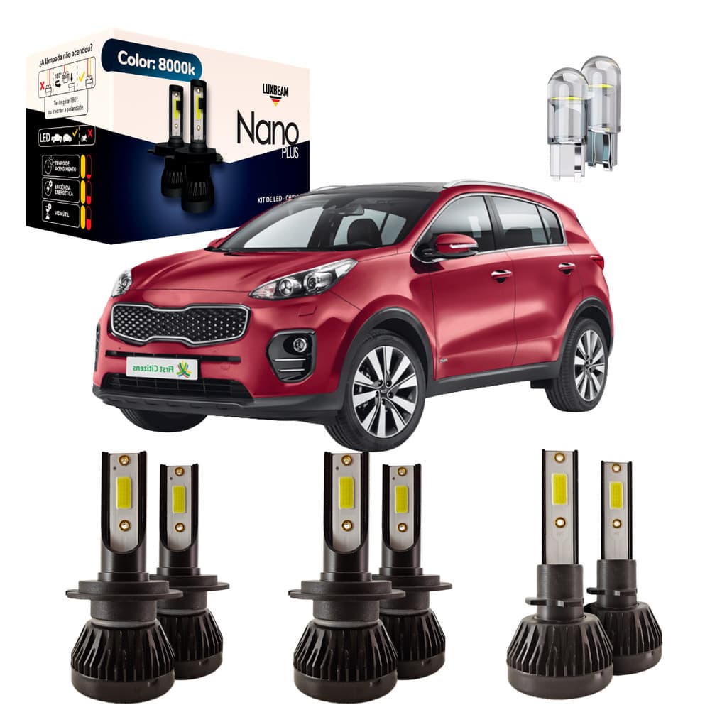 Kit Super Led Sportage 2011 a 2016 Nano Plus 30w 27.000lm 8000k Farol Alto Baixo e Milha Luxbeam