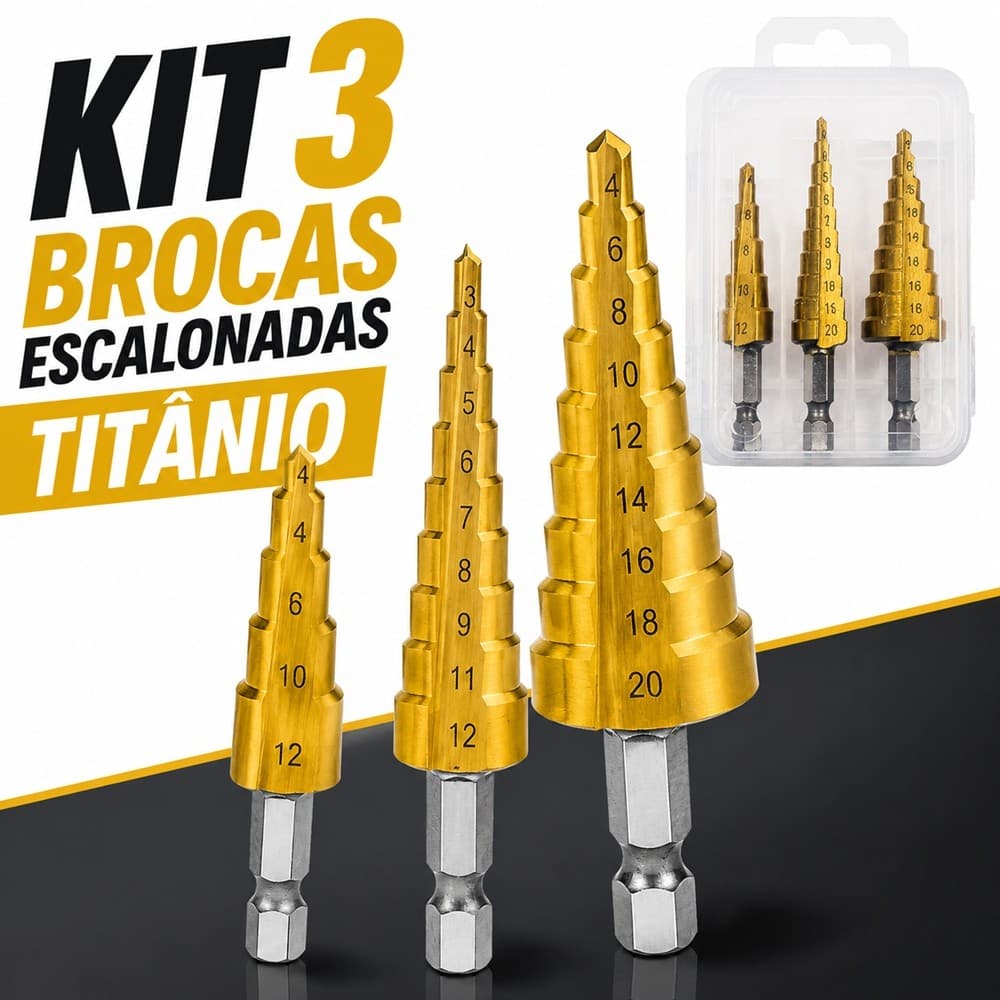 Jogo Broca Escalonada Titânio 3-12 4-12 4-20mm Brocas Cônicas Hexagonais HSS