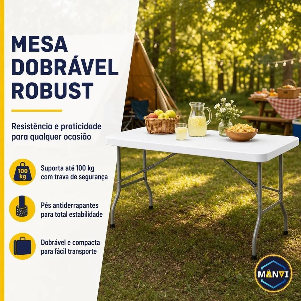 Mesa Dobrável Retangular Grande 180cm PEAD Alta Densidade Base Metal Até 100kg Festa Evento