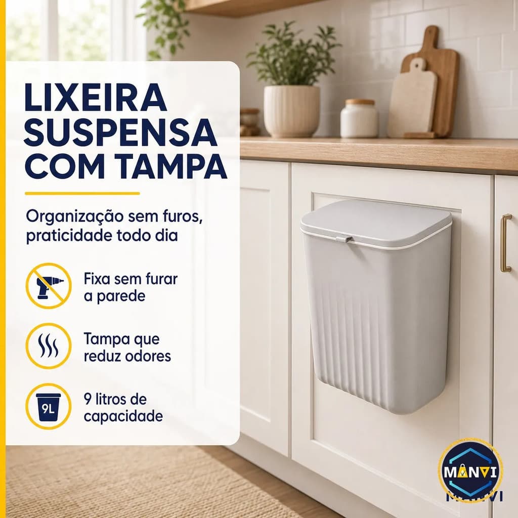 Cesto Lixo Lixeira Suspensa Pia Cozinha Tampa 9L Suporte Porta Sem Furos Fácil Instalação Organiza