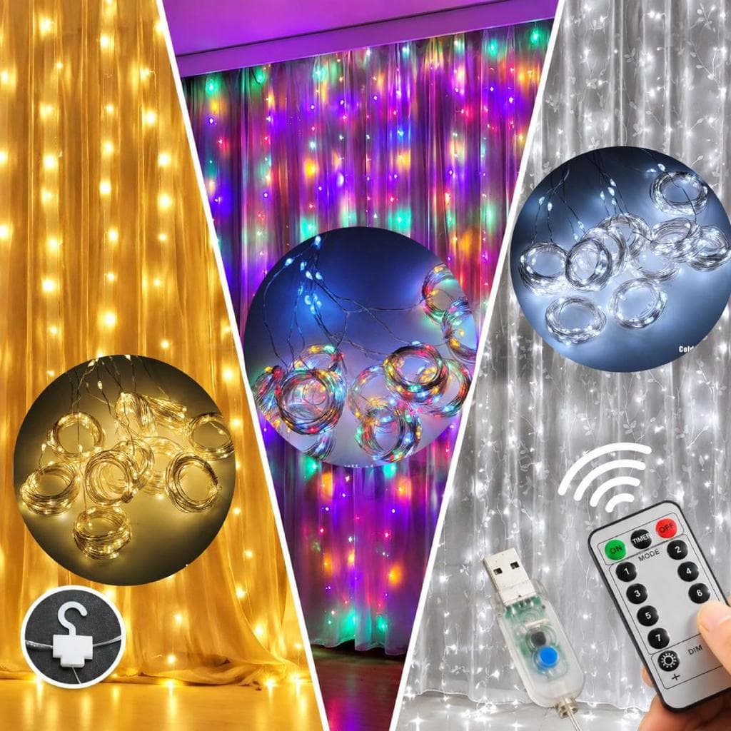 Cortina de Luz LED 3x3m 300 LEDs USB 8 Modos para Decoração