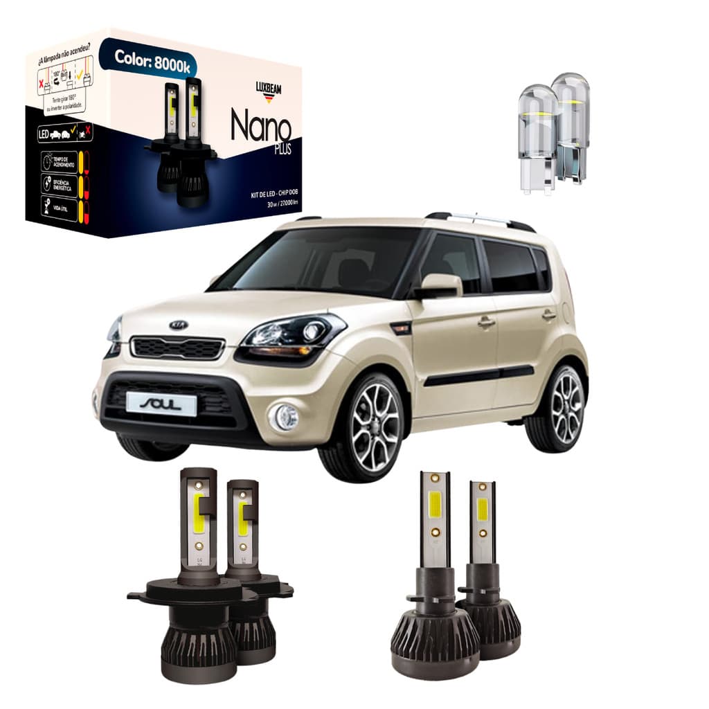 Kit Super Led Soul 2012 a 2019 Nano Plus 30w 27.000lm 8000k Farol Alto Baixo e Milha Luxbeam