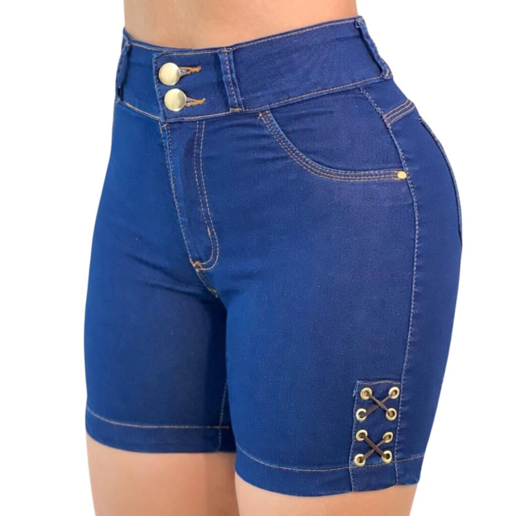 Short Jeans Feminino Premium com Lycra Ilhós Azul, Arezza Moda Feminina