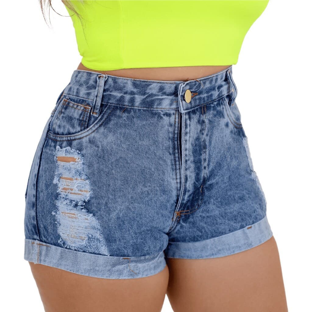 Short Jeans Feminino Soft Chuviscado Cós Alto Barra Dobrada, Jack