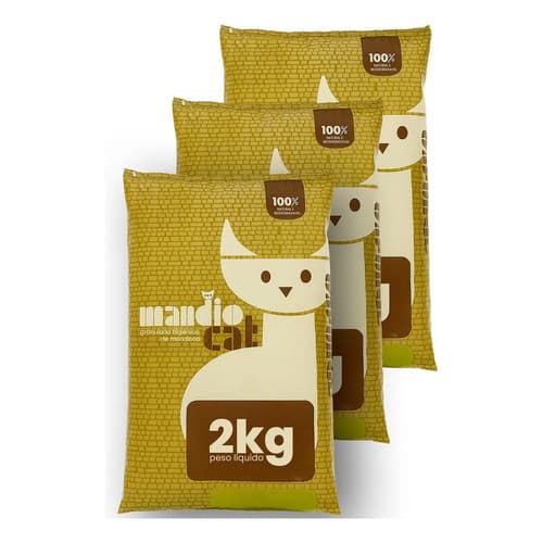 Kit 3 Areia Sanitária Natural para Gatos Mandiocat 2kg cada - Biodegradável Alta Absorção e Controle de Odores