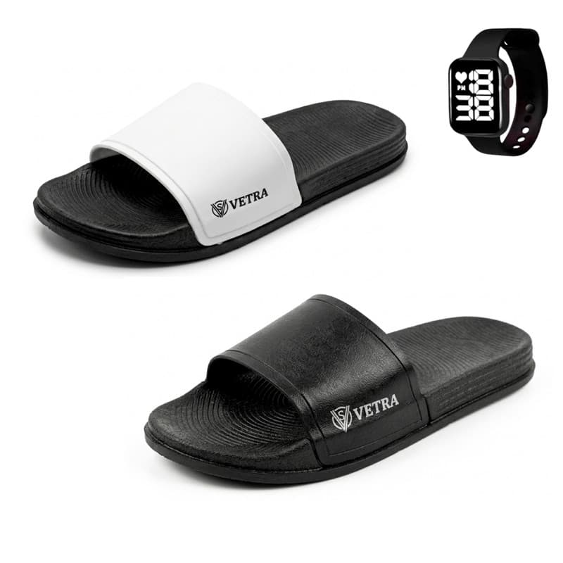 Kit 2 Pares de Chinelo Macio Slide Solado Premium + Relógio