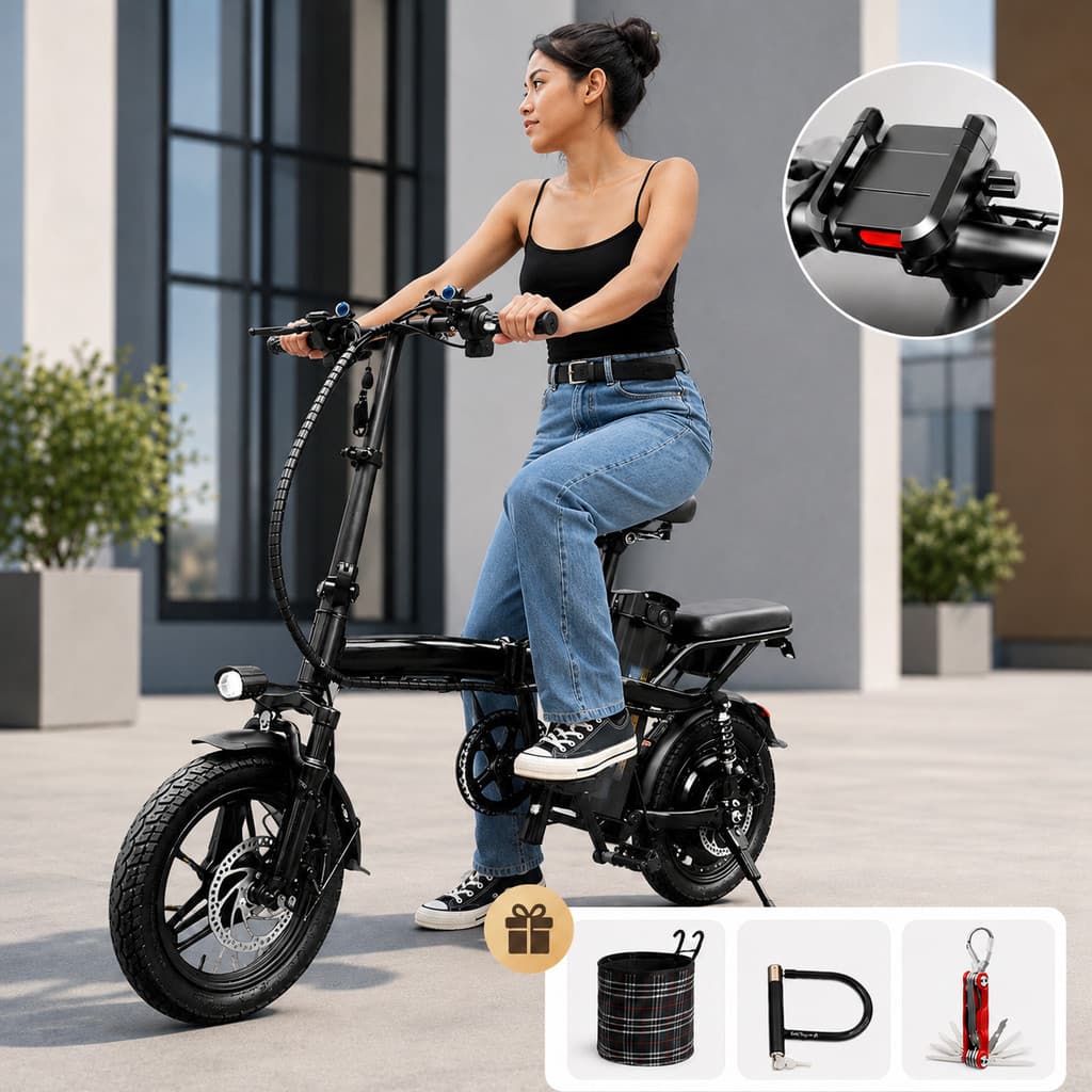 Bicicleta Elétrica Dobrável Pedal Assistido Suporte para Celular Trabalho