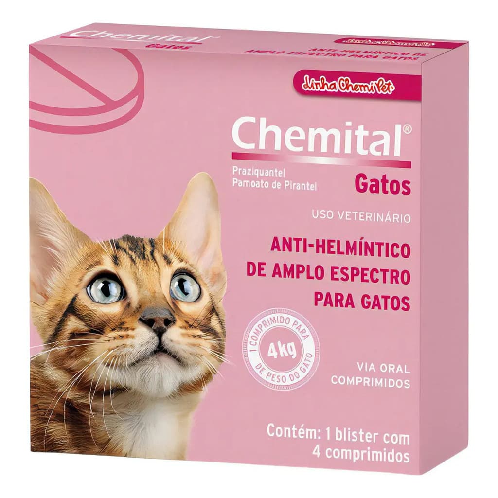 Chemitec Vermífugo Chemital Praziquantel e Pamoato de Pirantel Gatos 4 Comprimidos