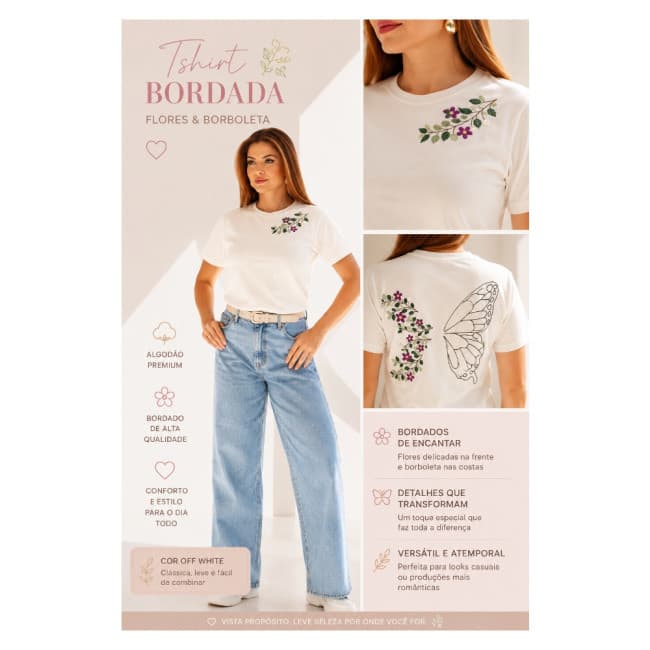 Camiseta Bordada com Flores e Borboleta Off White Tamanho M