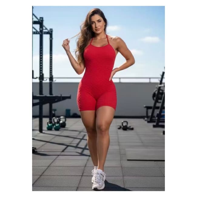 Macaquinho Fitness Bolha Brocado Vermelho Tamanho M