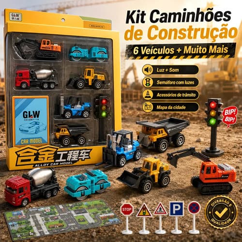 Kit 6 Carrinhos de Construção em Metal 1:64 Caminhões de Obras