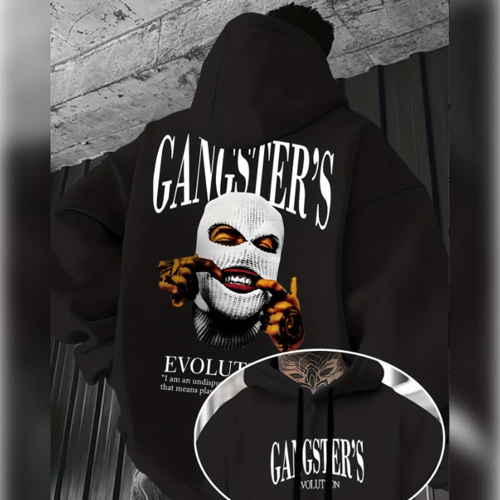 Camisola com Capuz Trendy para Homem com Design de Figura Mascarada com Letras 'GANGSTER'S' REF-4455