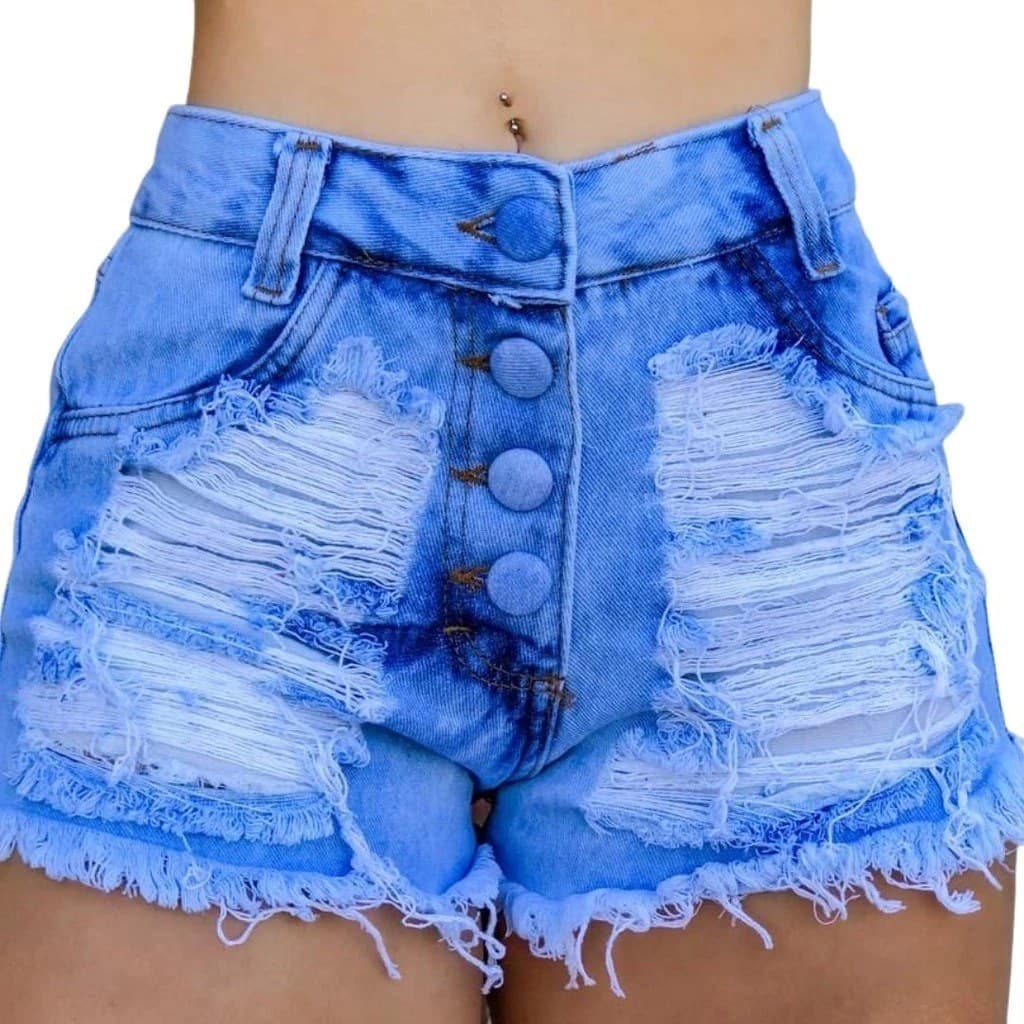 Short Jeans Feminino Soft Cós Alto Destroyed Barra Desfiada, Arezza Moda Feminina