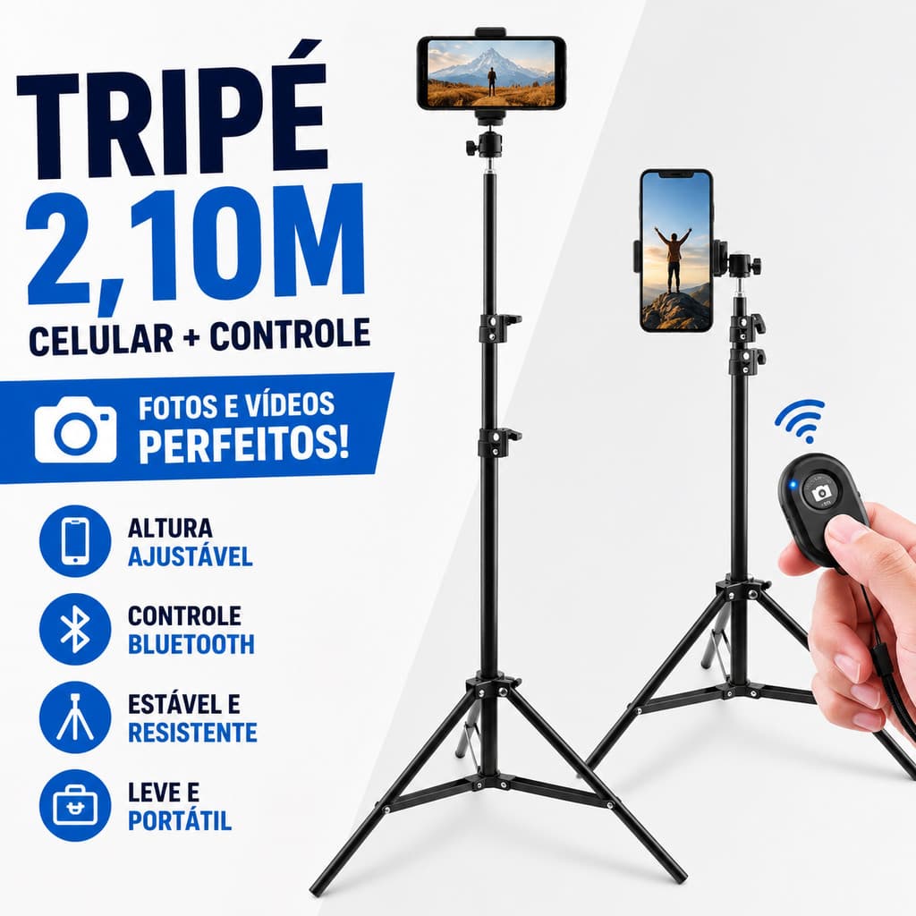 Tripé Pedestal 2,10m Ajustável com Controle Bluetooth Suporte Celular Estúdio e Gravação