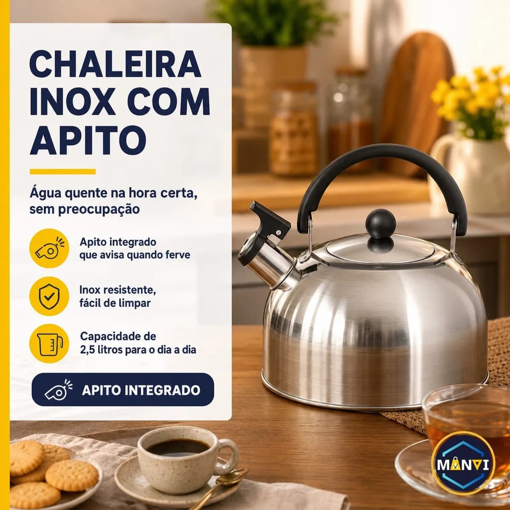 Chaleira Inox 2,5L com Apito Clássica Aquecimento Água Café Chá Chimarrão Fogão Gás Elétrico