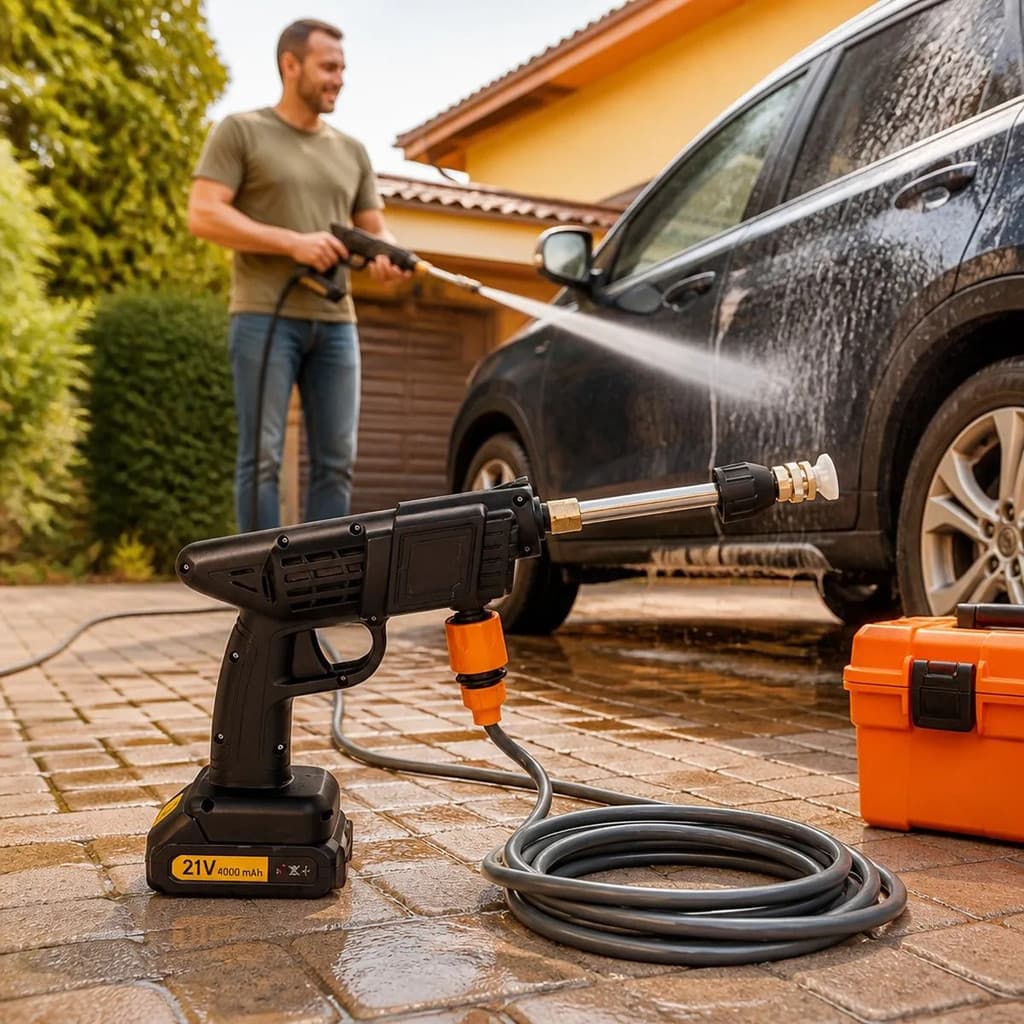 Lavadora Alta Pressão Bateria Recarregável 21V Sem Fio 135W Carro Quintal Casa Bico Regulável Maleta