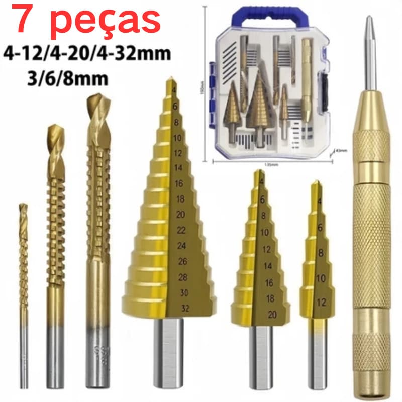 Brocas Titânio Escalonada Amarela Aço e Broca Corte Lateral Marcador Punção C/Estojo Organizador 4.820 3 peças brocas