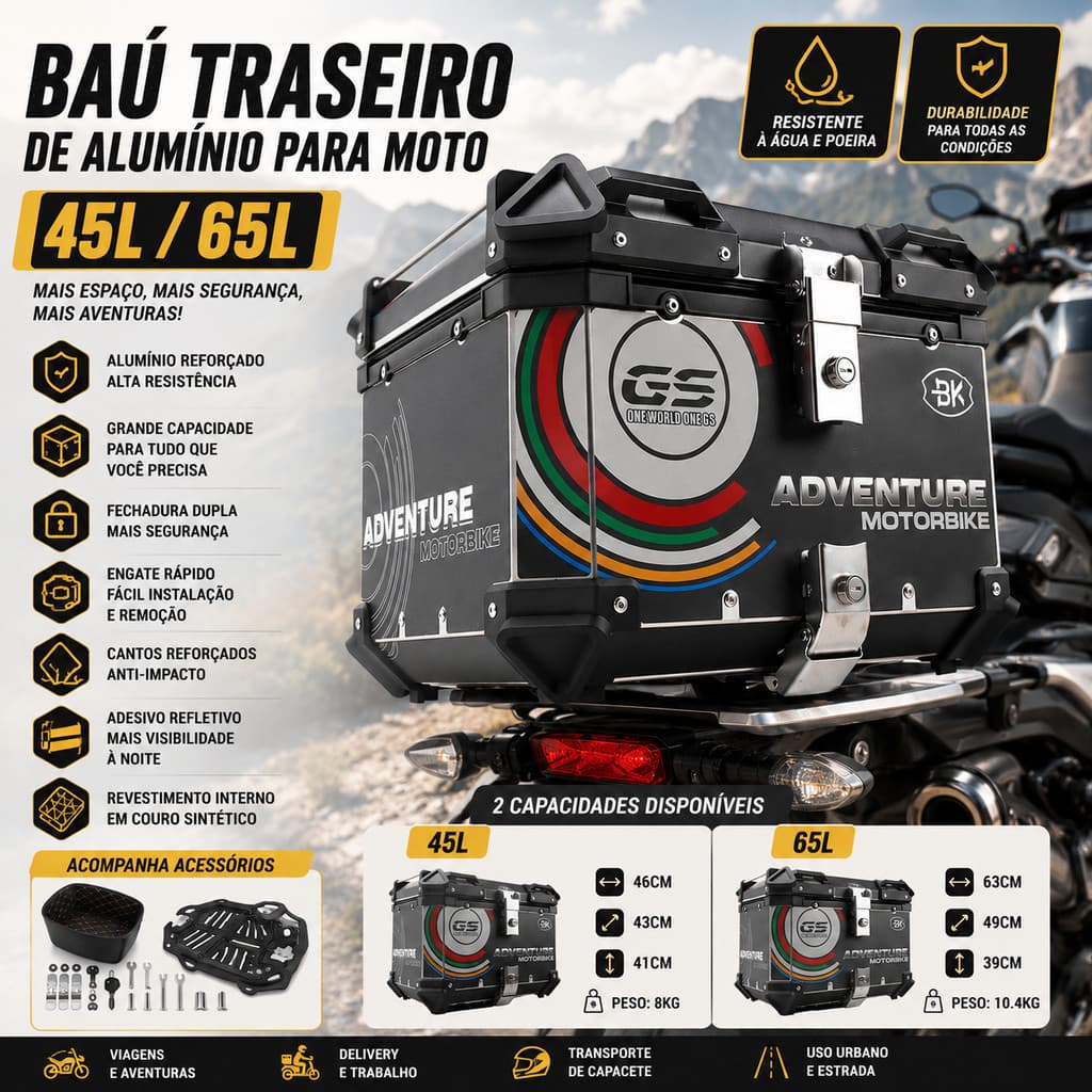 Top Case Moto Adventure Alumínio 45L 65L Baú Traseiro Universal para Viagem