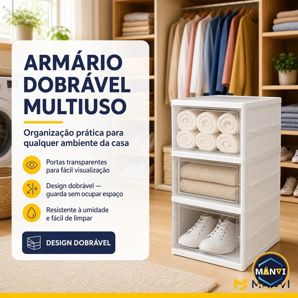 Armário Organizador Dobrável Multiuso 3 Compartimentos Porta Transparente Empilhável Roupa Sapato