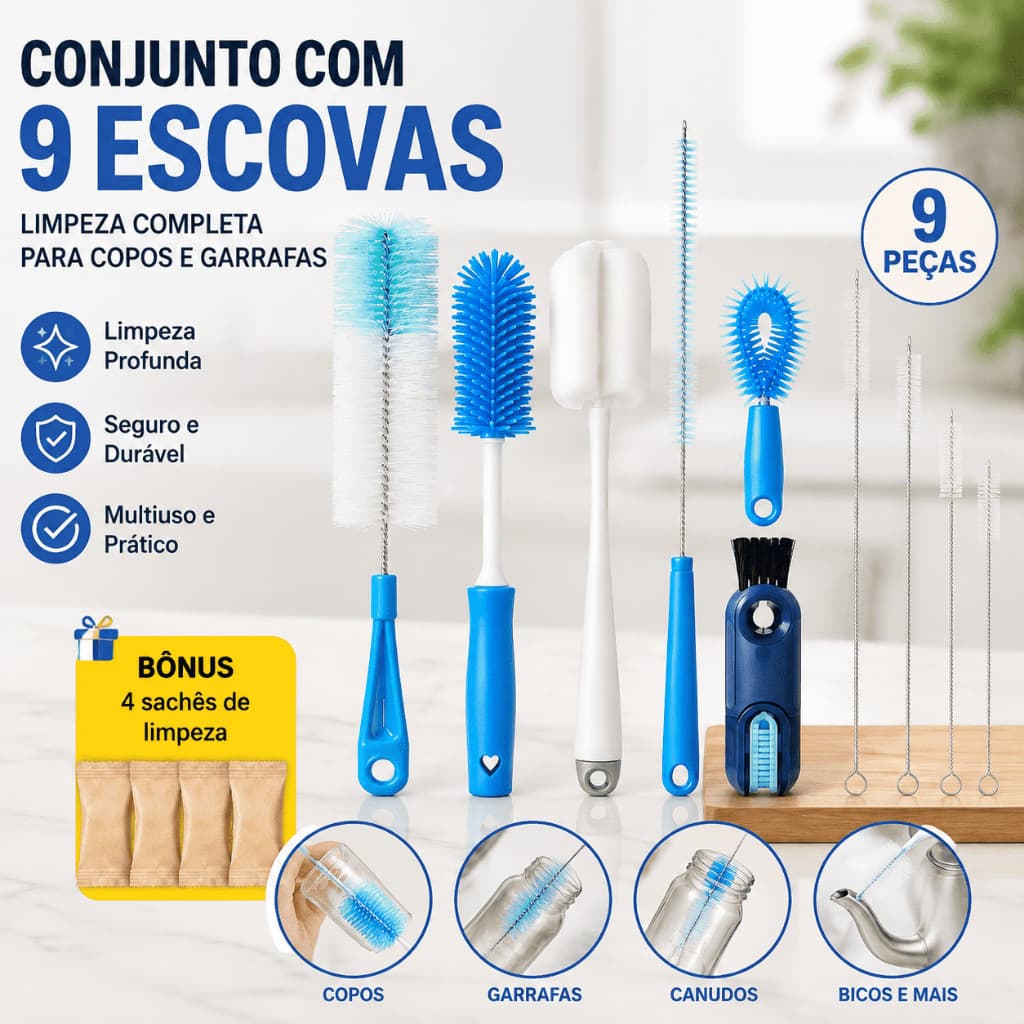 Conjunto De 9 Escovas De Limpeza Multiuso Com Cabo Longo, Escova De Canudo, Escova De Limpeza De Copos Vendido(s)