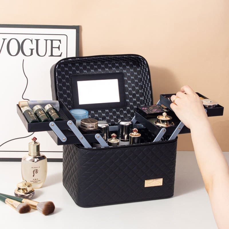 Bolsa de maquiagem feminina portátil em couro PU com várias camadas e estojo organizador com cupom - Variação: