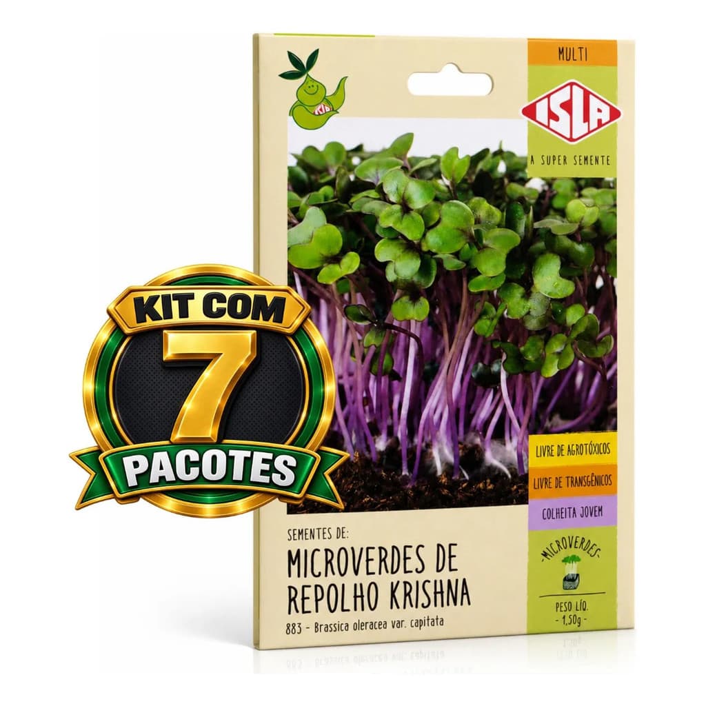 Kit 7 Envelopes Sementes Microgreens Repolho Roxo Krishna Para Horta Pequena na Cozinha