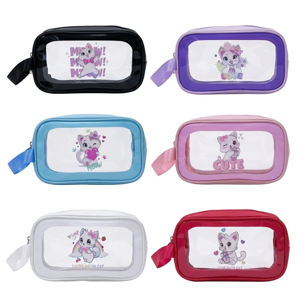 Necessaire Transparente Gatinho Fofa Organizador De Viagem Maquiagem Impermeável Com Alça 21cm