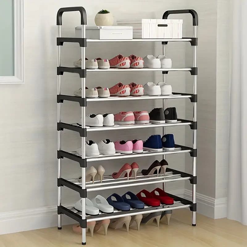 Rack Sapateira Vertical Luxo Aço Inox 7 Prateleiras 21 Pares Cor Preto com Prata