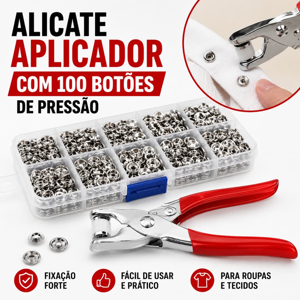 Kit Botão de Pressão Metal com Alicate Aplicador para Roupas Costura e Artesanato
