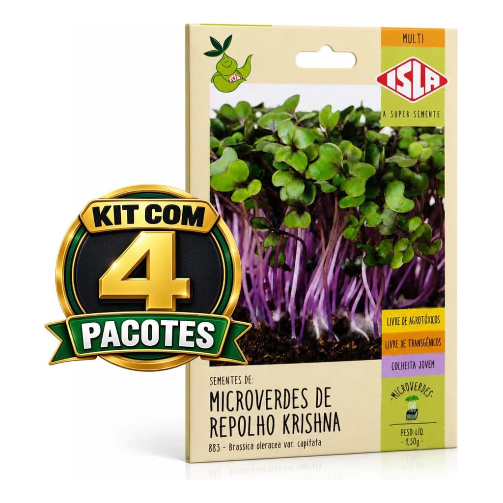 Kit 4 Envelopes Sementes Microverdes de Repolho Krishna Roxo Para Horta Dentro de Casa