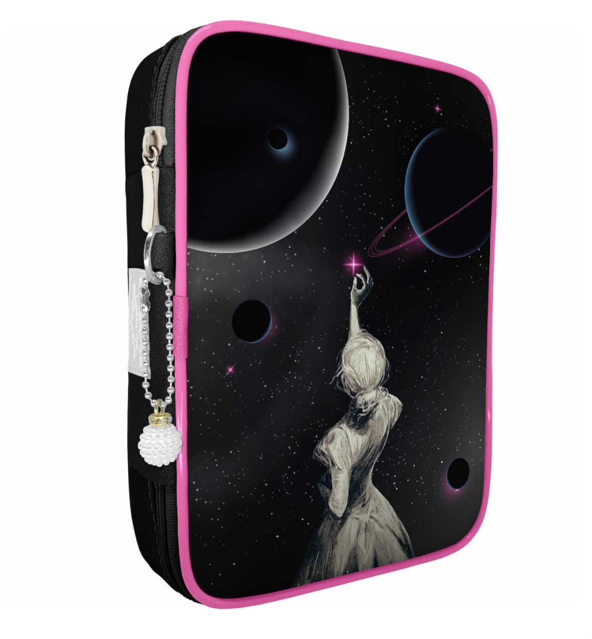Estojo 100 pens box slim detalhes rosa chiclete elasticos organizador canetas marcadores lapis