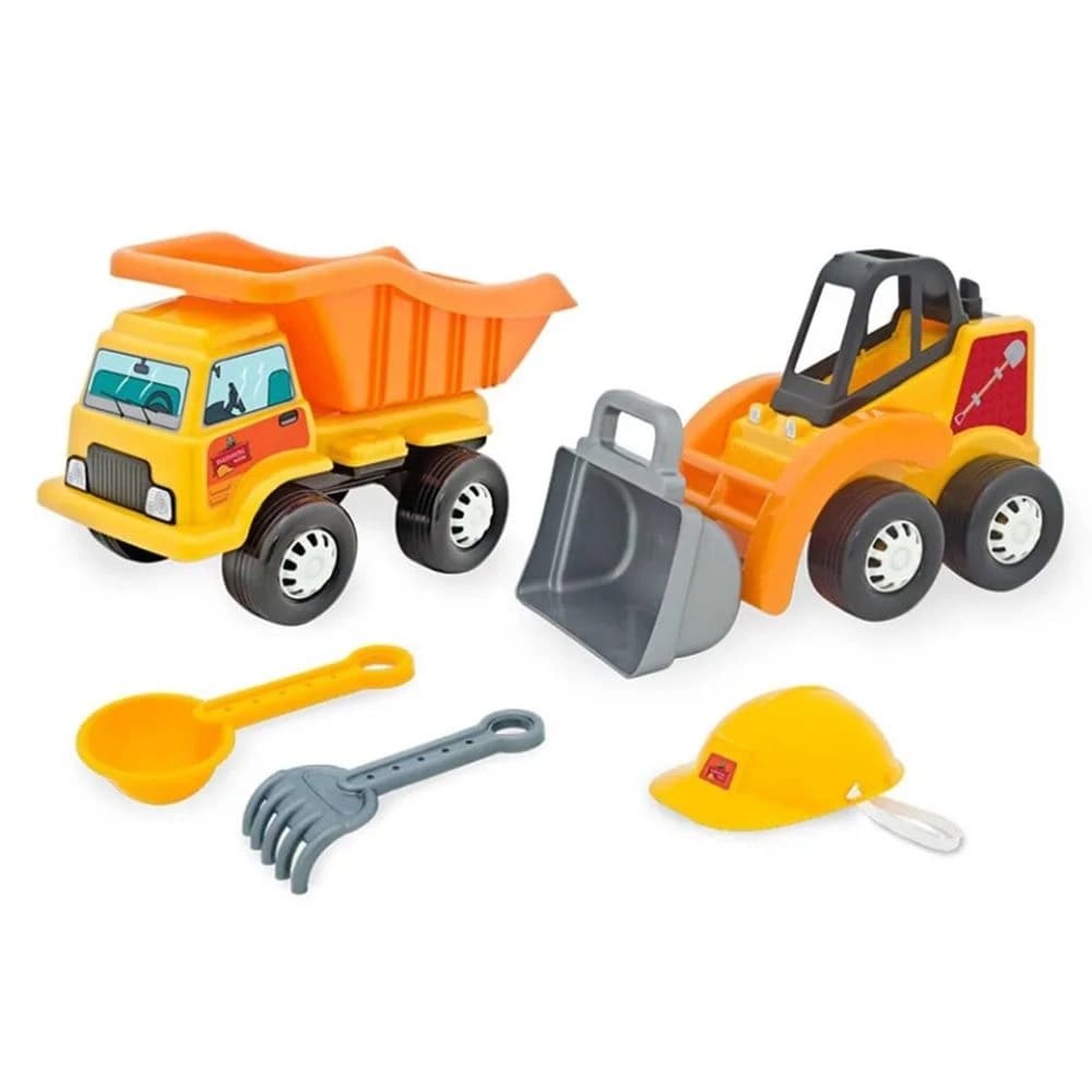 Kit Caminhão Caçamba Basculante e Trator com Capacete Pá e Rastelo Engenheiro Mirim Tilin