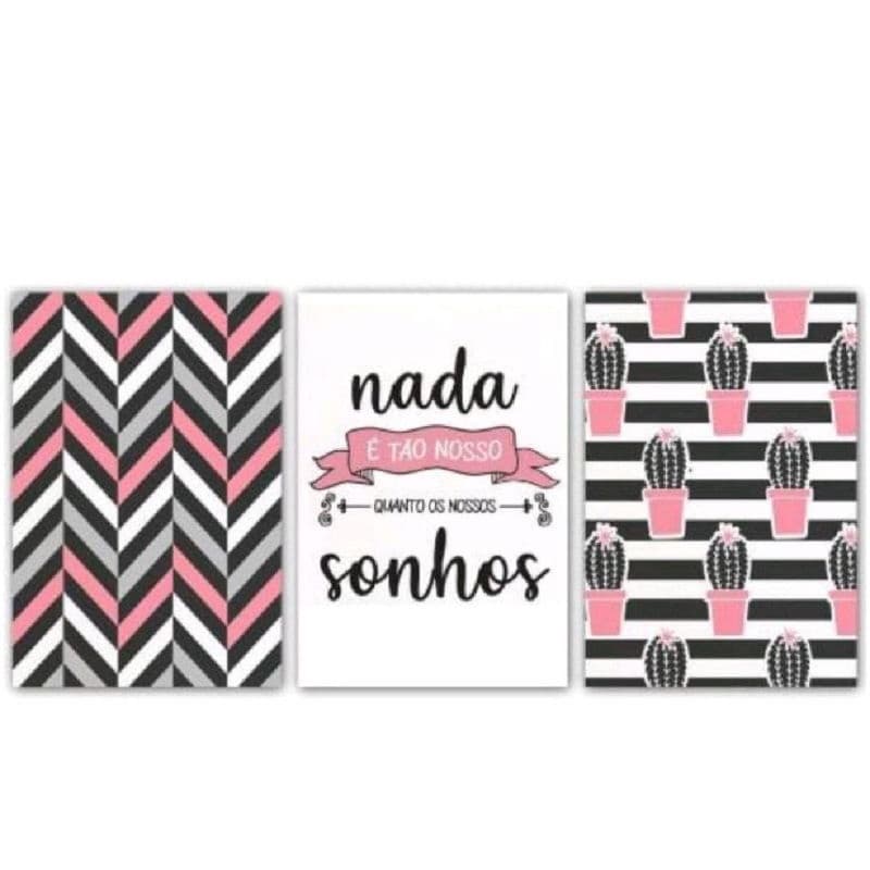 Kit 3 quadros quadrinhos nada é tão nosso quanto nossos sonhos cacto geométrico decoração