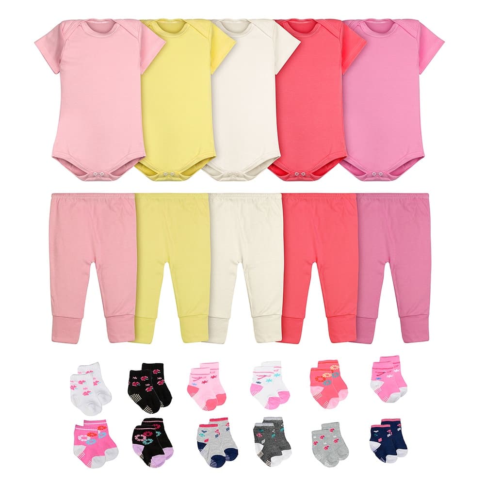 Body Bebê Calça Mijão e Meias Kit 22 Peças Manga Curta Feminino Roupinha de Bebê