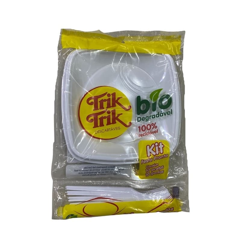 Kit Prato e Garfo Sobremesa Branco Quadrado Bio C/10 Triktrik Biodegradável