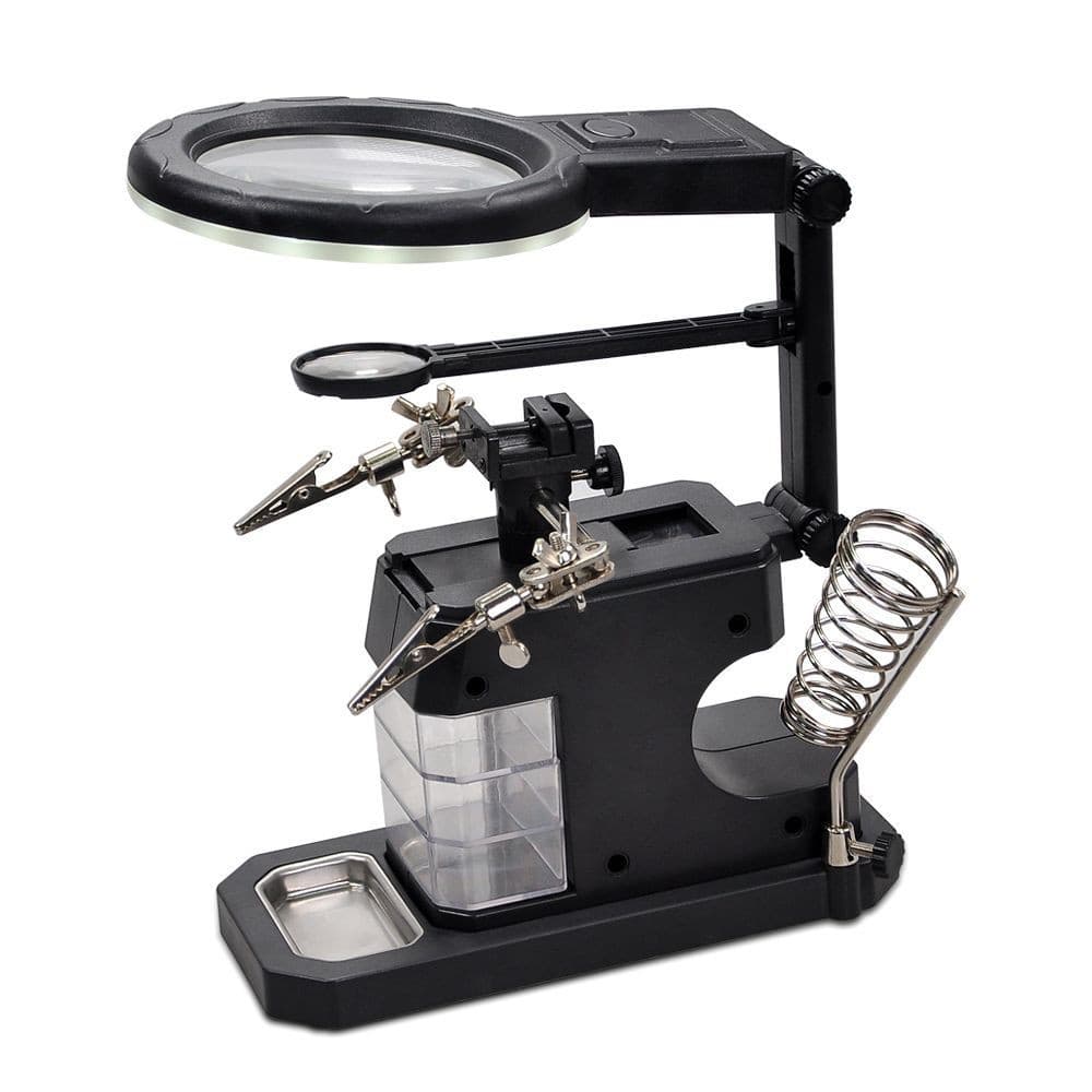 Suporte Ferro de Solda Grampos Auxiliares/Iluminação LED/Lupa Aumento 2.5D 7.5D 3 gavetas KLTE-803