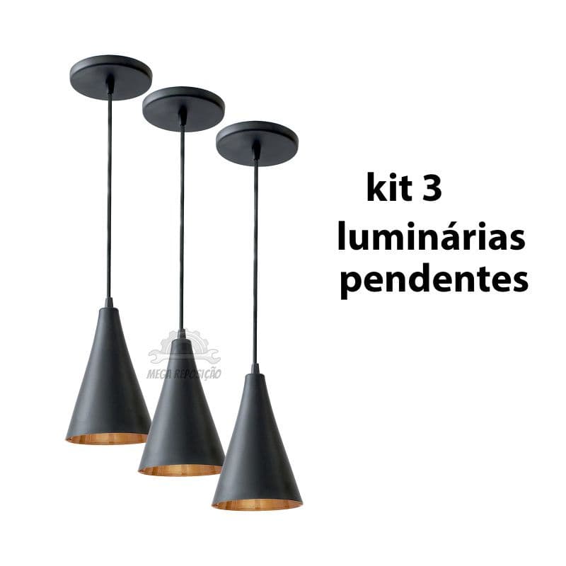 kit com 3 Pendentes Cone Preto Com Cobre Bancada Cozinha Gourmet