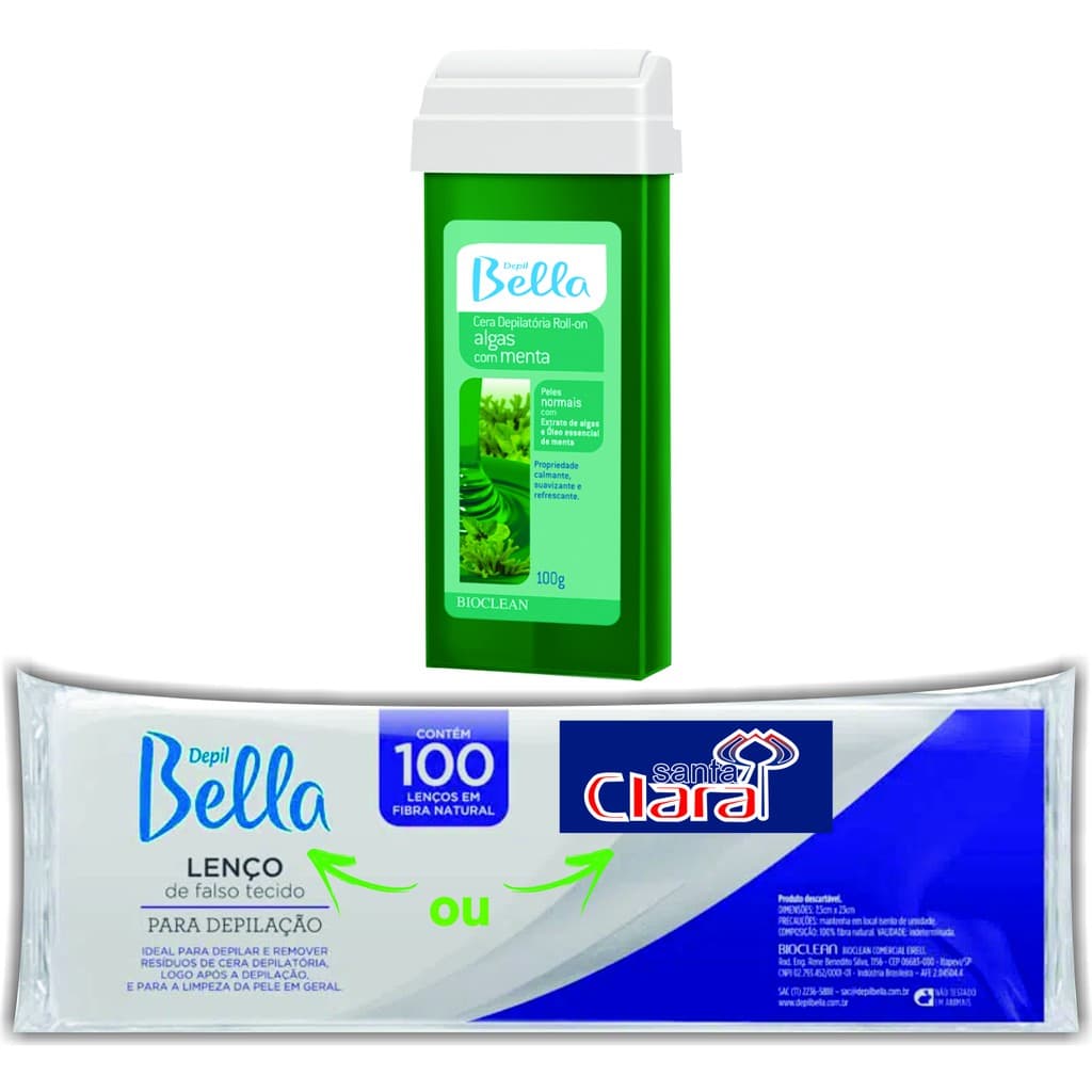 Kit Depilação Econômico 1 Refil Cera Rollon Algas com Menta e 1 Papel Cortado com 100 folhas Depil Bella