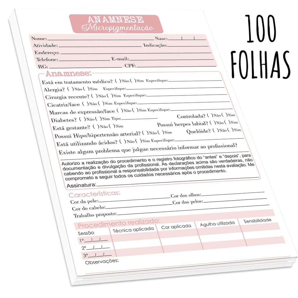 Ficha de Anamnese Micropigmentação - Micropigmentadora (100 FOLHAS)