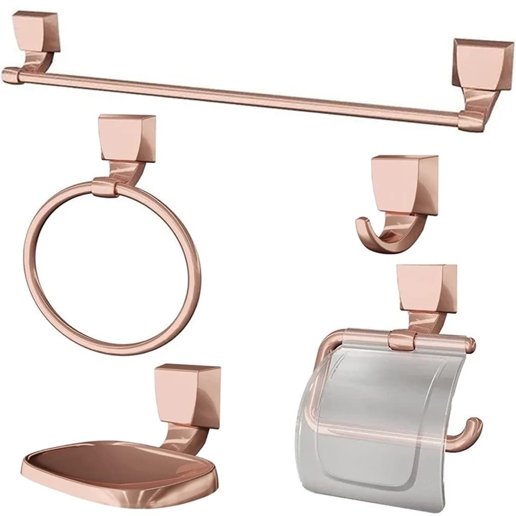 Kit Acessórios Para Banheiro 5 Peças Lorenzetti Rose Gold, Toalheiro argola e barra,  porta sabonete, e Papel Higiénico